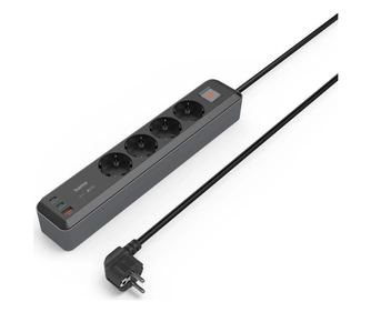 Разклонител Hama, 4-гнезда, USB-C/A 65 W, PD, ключ on/off, 1,4 м, черен/сив