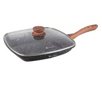 Грил тиган с капак Goldmann GM-0924L, 24x4.5 см, Мраморно покритие, Индукция, Черен/кафяв