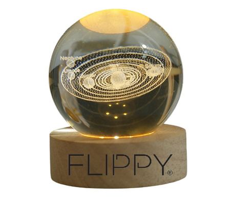 Διακοσμητικό LED Φωτιστικό, Flippy, με Κρυστάλλινη Σφαίρα Διαμέτρου 6cm, Μοντέλο Ηλιακό Σύστημα 3D, Τροφοδοσία USB, Ξύλινη Βάση,