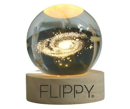 Διακοσμητικό LED Φωτιστικό, Flippy, με Κρυστάλλινη Σφαίρα Διαμέτρου 6cm, Μοντέλο Γαλαξίας 3D, Τροφοδοσία USB, Ξύλινη Βάση, Λευκό