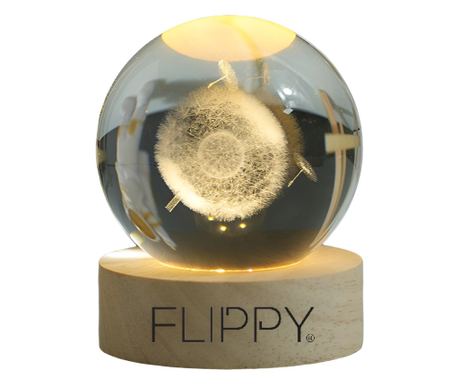 Διακοσμητικό LED Φωτιστικό, Flippy, με Κρυστάλλινη Σφαίρα Διαμέτρου 6cm, Μοντέλο Πικραλίδα 3D, Τροφοδοσία USB, Ξύλινη Βάση, Λευκ