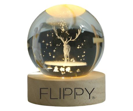 Λάμπα LED Διακοσμητική, Flippy, με Κρυστάλλινη Σφαίρα Διαμέτρου 6cm, Μοντέλο Ελάφι 3D, Τροφοδοσία USB, Ξύλινη Βάση, Λευκό Φως Θε