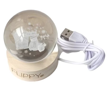 Λάμπα LED Διακοσμητική, Flippy, με Κρυστάλλινη Σφαίρα Διαμέτρου 6cm, Μοντέλο Merry Christmas 3D, Τροφοδοσία USB, Ξύλινη Βάση, Φω