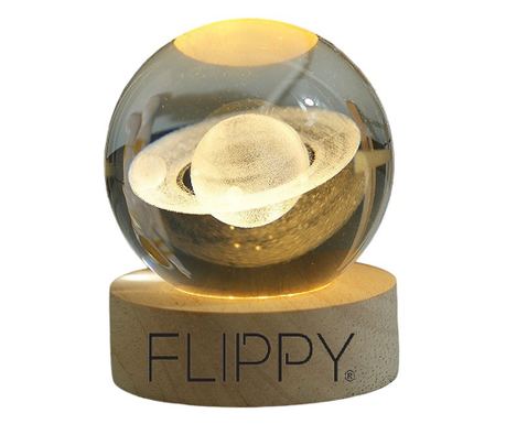 Λάμπα LED Διακοσμητική, Flippy, με Κρυστάλλινη Σφαίρα Διαμέτρου 6cm, Μοντέλο Κρόνος 3D, Τροφοδοσία USB, Ξύλινη Βάση, Λευκό Φως C