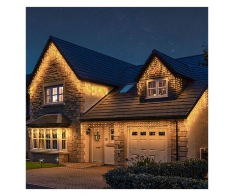 Instalație Crăciun, 25 m, 715 Led-uri ,Franjuri, Alb cald, Flash, Transformator, Interconectabila, Prelungitor 3 m inclus, Fir N