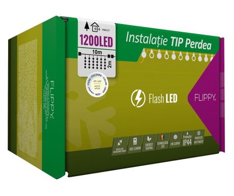Instalatie Craciun, Tip Perdea, IP44, 10 m x 2 m, 1200 LED-uri, Alb cald, cu flash, Transformator cu telecomanda, Interconectabi