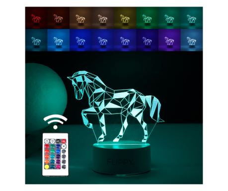 Dekorativna LED lampa, Flippy, 3D, Konj, s daljinskim upravljačem, dva načina napajanja USB i baterije, visina 20 cm, od materij