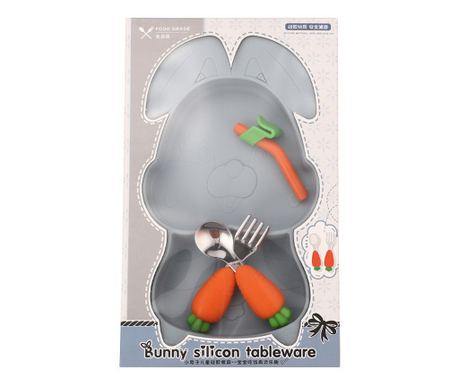 Set diversificare bebelusi Flippy, din silicon, 26 x 15 cm, 1 farfurie compartimentata in forma de iepure, lingurita si furculit