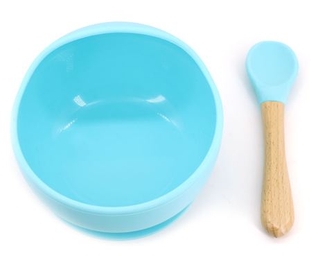 Set 2 piese diversificare bebelusi si copii din silicon bol cu ventuza, lingurita din lemn si silicon, pentru gustari, fara aler