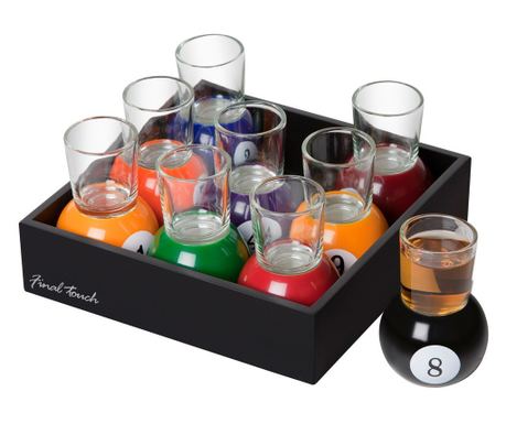 Komplet 9 kozarčkov Flippy Shot z odstranljivim držalom za biljardne krogle, 30 ml, steklo, 17 x 17 x 10 cm, večbarvni