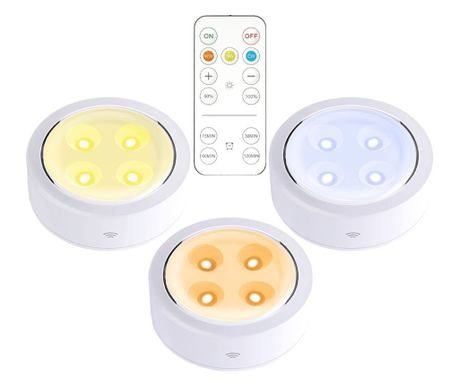 Sada 3 LED světel Flippy, bezdrátová, na baterie, 3 barvy světla, s dálkovým ovládáním, plast, bílá
