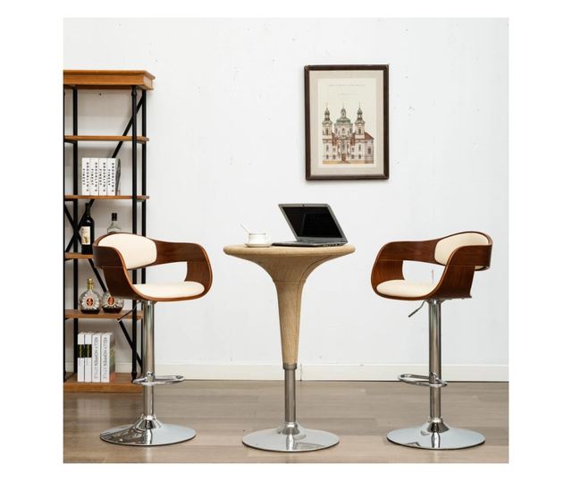 Barski stoli, 2 kosa, kremni, upognjen les in umetno usnje