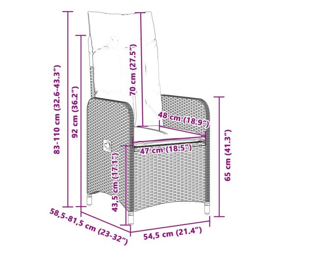2 db bézs polyrattan dönthető kerti szék párnákkal