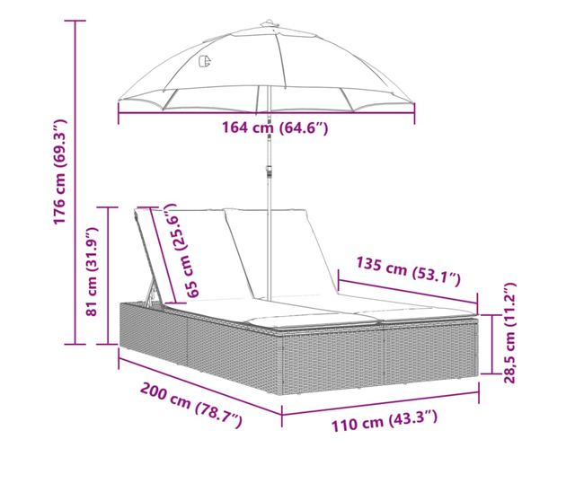 bézs polyrattan dupla napozóágy párnákkal és napernyővel
