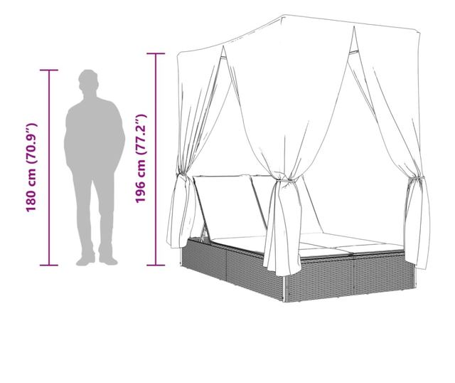 barna polyrattan dupla napozóágy tetővel és függönyökkel