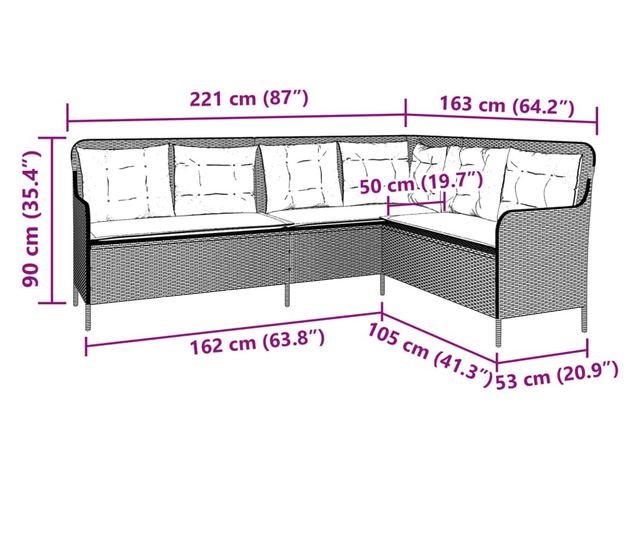 L-alakú fekete polyrattan kerti kanapé párnával