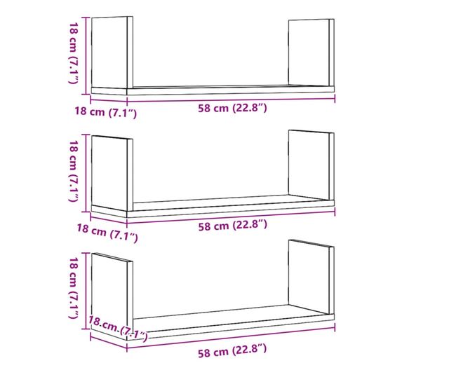 3 db fehér szerelt fa fali polc 58 x 18 x 18 cm