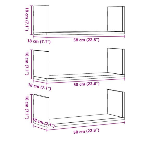 3 db sonoma tölgy színű szerelt fa fali polc 58 x 18 x 18 cm