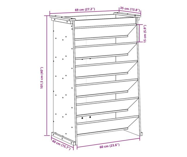 6 szintes fehér tömör fenyőfa gyógynövényültető 69x40x101,5 cm