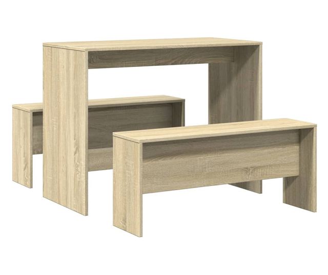 3 részes sonoma tölgyszínű szerelt fa étkezőasztal és pad szett