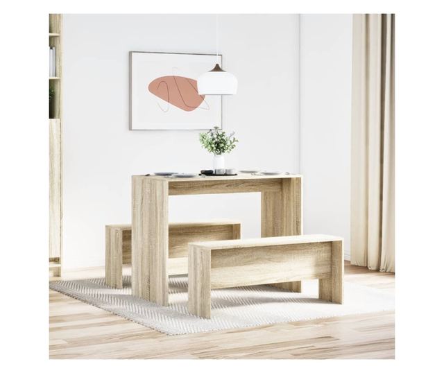 3 részes sonoma tölgyszínű szerelt fa étkezőasztal és pad szett