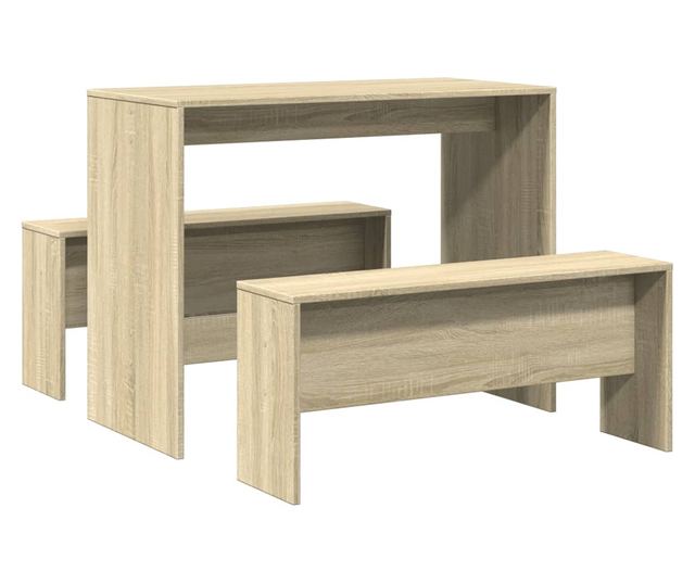 3 részes sonoma tölgyszínű szerelt fa étkezőasztal és pad szett