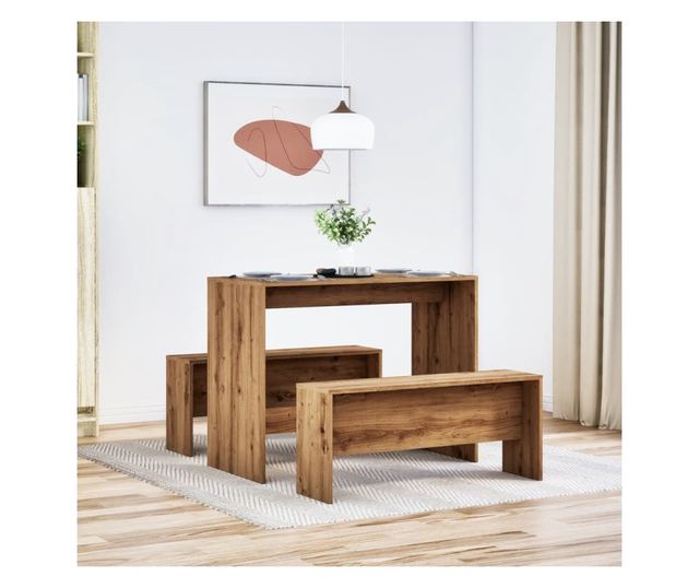 3 részes kézműves tölgy szerelt fa étkezőasztal és pad szett