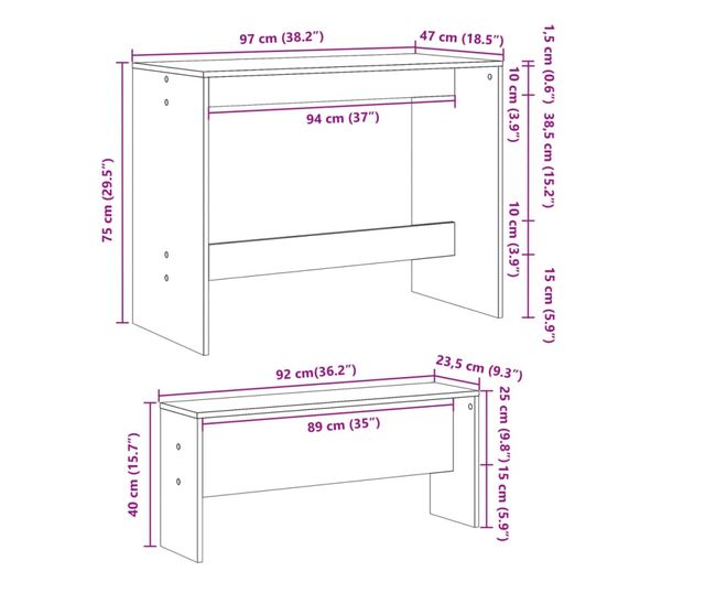 3 részes kézműves tölgy szerelt fa étkezőasztal és pad szett