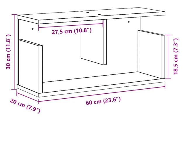 betonszürke szerelt fa faliszekrény 60 x 20 x 30 cm