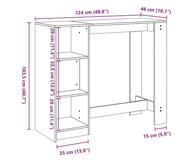 barna tölgy színű szerelt fa bárasztal polccal 124x46x103,5 cm
