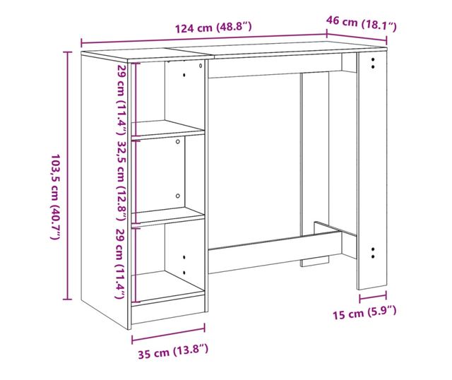füstös tölgy színű szerelt fa bárasztal polccal 124x46x103,5 cm