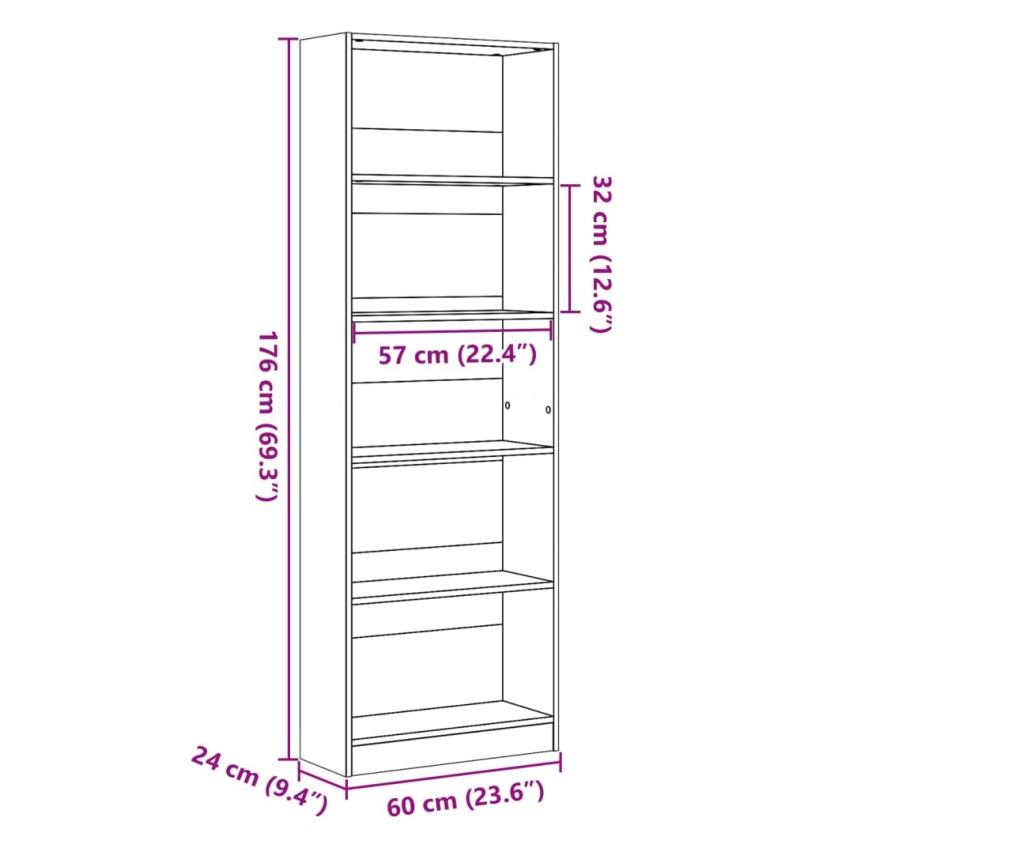 betonszürke szerelt fa könyvespolc 60 x 24 x 176 cm - 9