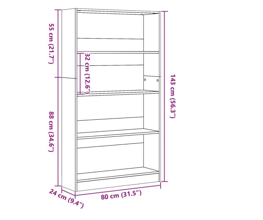 antik fa színű szerelt fa könyvespolc 80 x 24 x 143 cm - 9