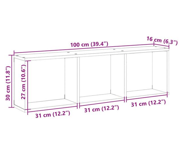 szürke sonoma színű szerelt fa faliszekrény 100 x 16 x 30 cm