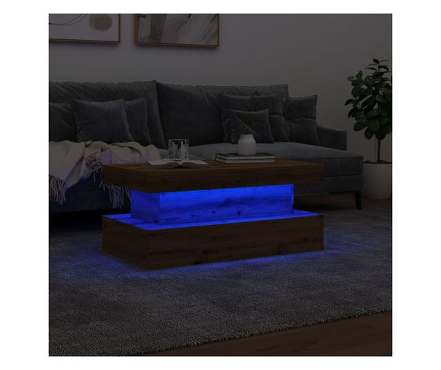 kézműves tölgy színű dohányzóasztal LED-lámpákkal 90x50x40 cm