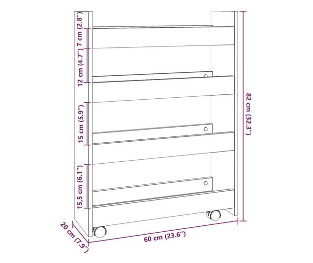 4 szintes betonszürke szerelt fa keskeny tárolókocsi