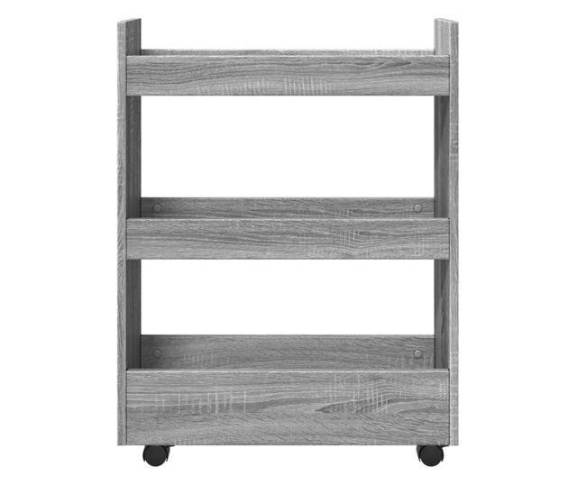 3 szintes szürke sonoma színű szerelt fa keskeny tárolókocsi