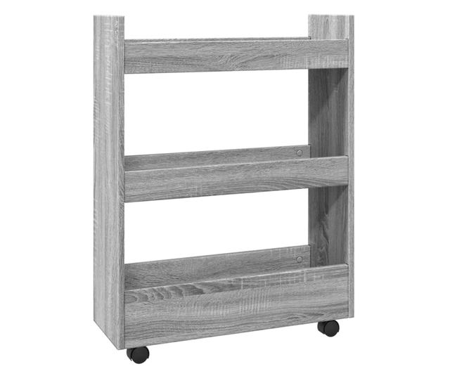 3 szintes szürke sonoma színű szerelt fa keskeny tárolókocsi