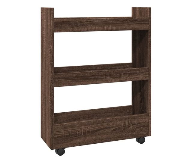 3 szintes barna tölgy színű szerelt fa keskeny tárolókocsi