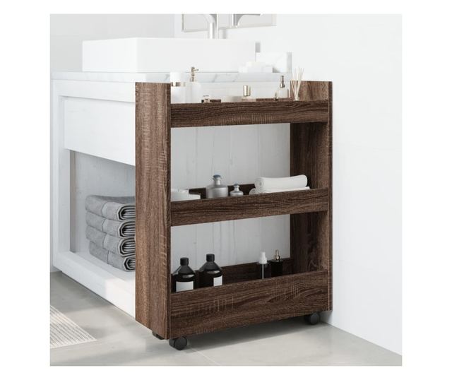 3 szintes barna tölgy színű szerelt fa keskeny tárolókocsi