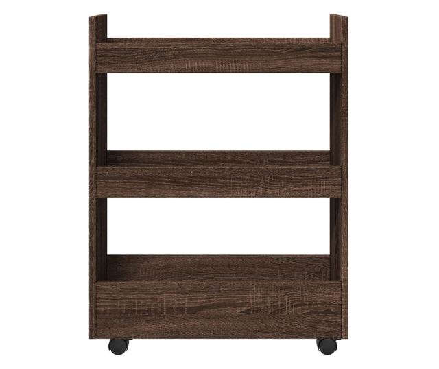 3 szintes barna tölgy színű szerelt fa keskeny tárolókocsi