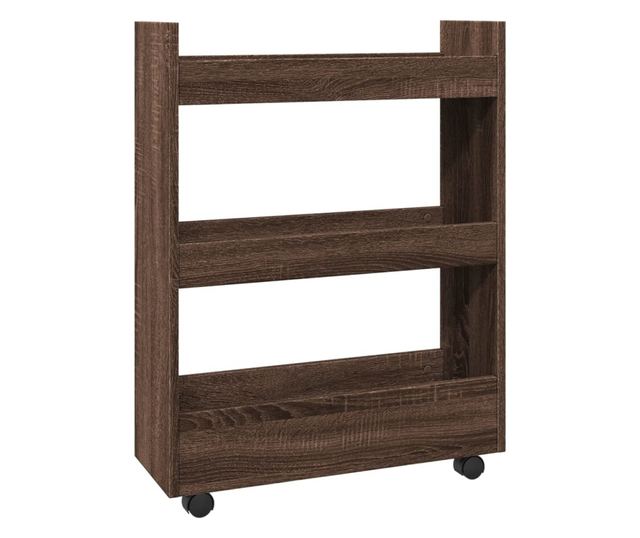 3 szintes barna tölgy színű szerelt fa keskeny tárolókocsi