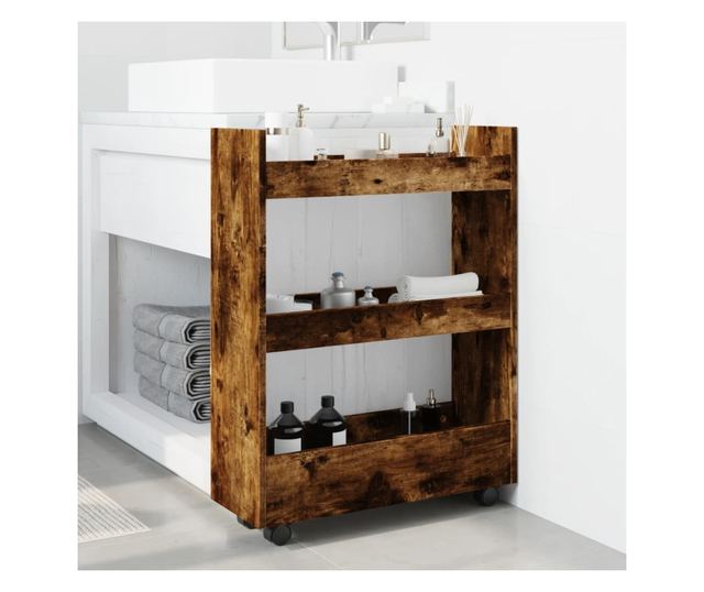 3 szintes füstös tölgy színű szerelt fa keskeny tárolókocsi