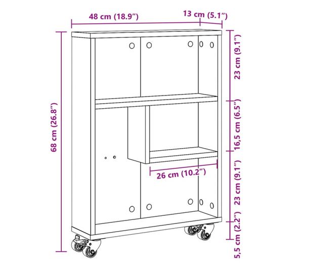 barna tölgy színű szerelt fa keskeny tárolókocsi 48x13x68 cm
