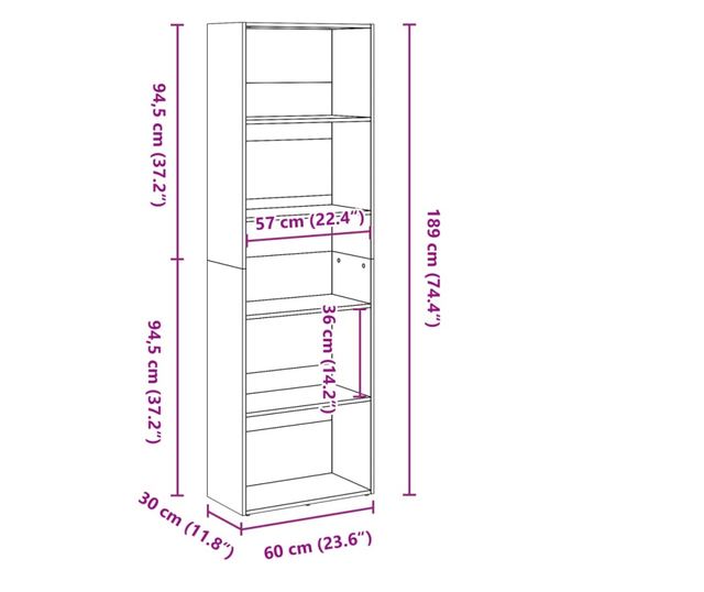 betonszürke szerelt fa könyvespolc 60 x 30 x 189 cm