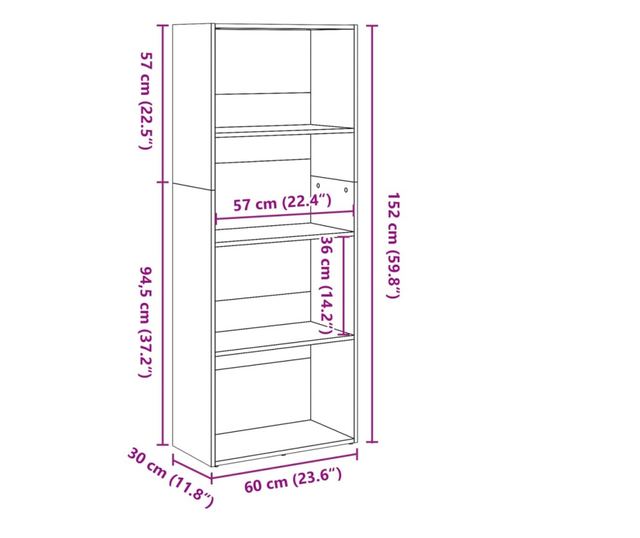 antik fa színű szerelt fa könyvespolc 60 x 30 x 152 cm
