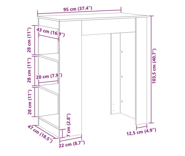 barna tölgy szerelt fa tárolórekeszes bárasztal 95x47x103,5 cm