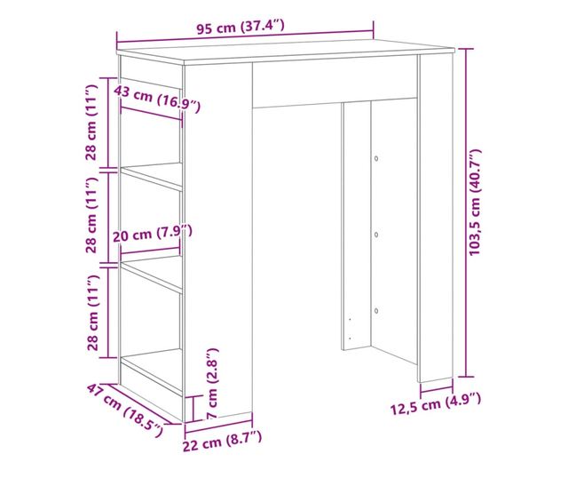 antik fa színű szerelt fa bárasztal tárolókkal 95x47x103,5 cm