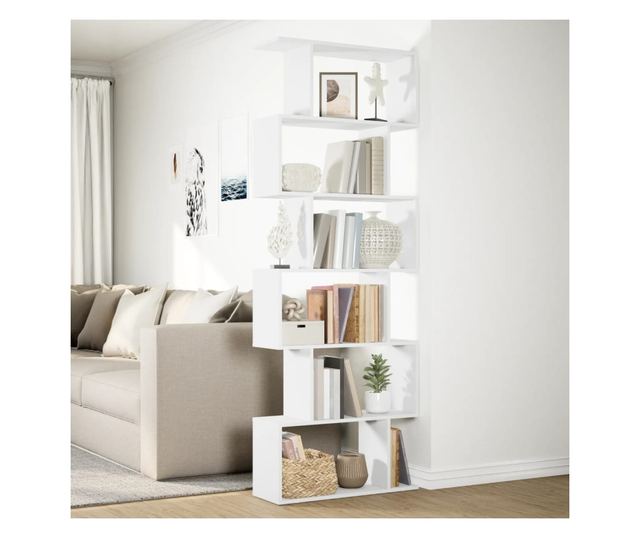 6 szintes fehér szerelt fa elválasztó könyvespolc 70x24x193 cm