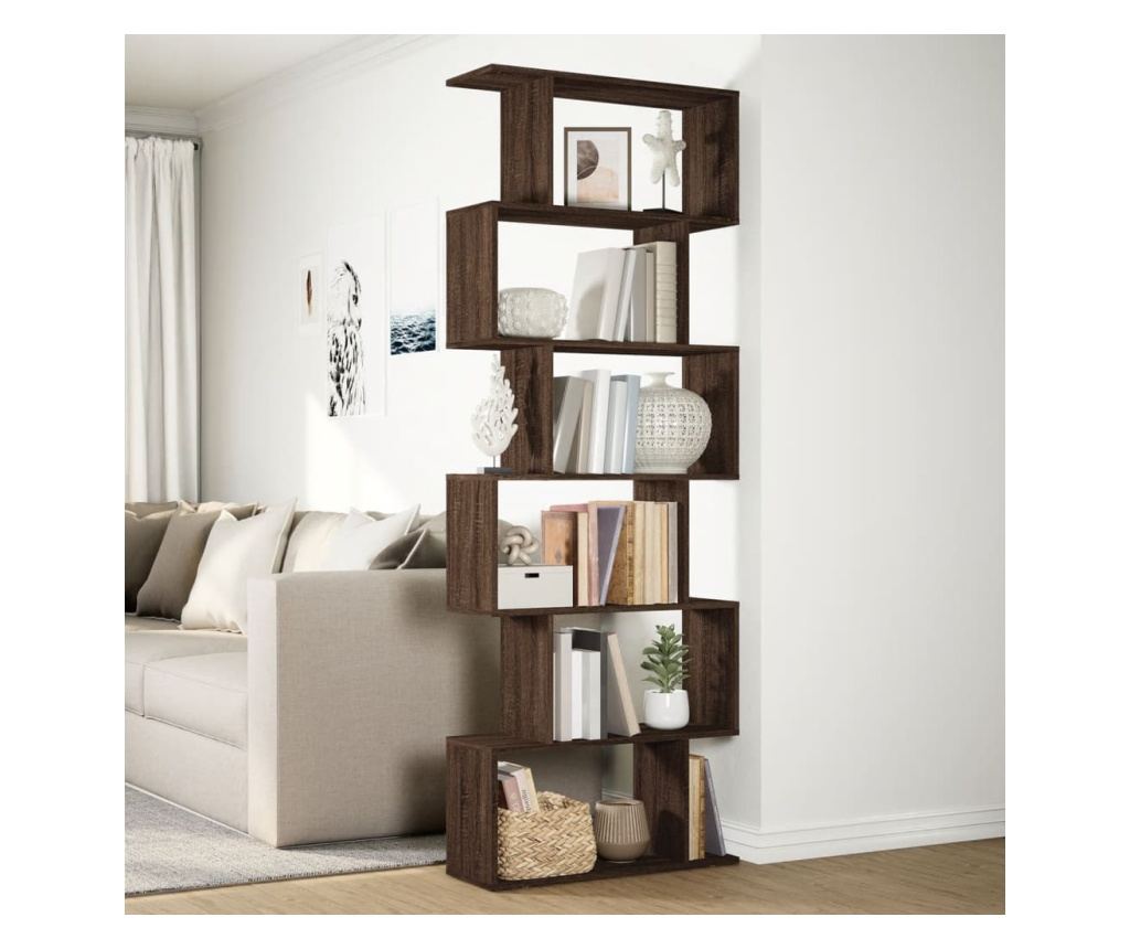 6 szintes barna tölgy fa elválasztó könyvespolc 70x24x193 cm - 4